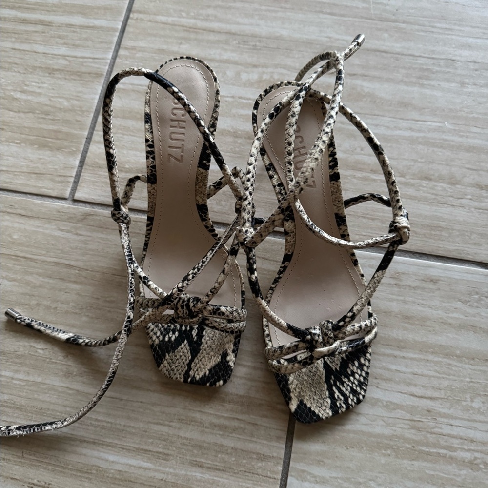 SCHUTZ Snakeskin Strappy Sandals - Black and Tan